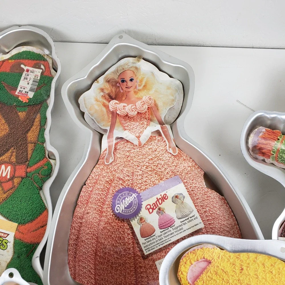 Vintage Wilton Cake Pan Lot 5pc TMNT Barbie Teddy Bear Cat Scarecrow Aluminum